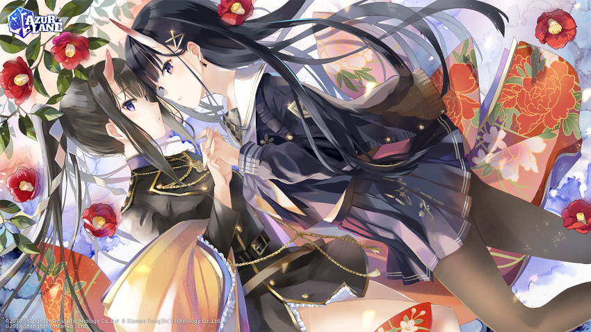 2girls aiguillette azur_lane black_coat black_hair black_legwear blue_shirt blue_skirt breasts closed_mouth coat commentary cowboy_shot earrings english_commentary epaulettes expressionless face-to-face floating_hair floral_print flower from_above glint hair_ornament hairclip half_updo highres holding_hands horns interlocked_fingers jacket jacket_on_shoulders japanese_clothes jewelry kimono logo long_hair looking_at_viewer lying medium_breasts military military_uniform miniskirt multiple_girls noshiro_(azur_lane) off_shoulder official_art on_side oni_horns orange_kimono pantyhose pleated_skirt ponytail purple_eyes ryuuhou_(azur_lane) sailor_collar school_uniform second-party_source serafuku shirt shotgunman skirt straight_hair thighs unbuttoned watermark x_hair_ornament
