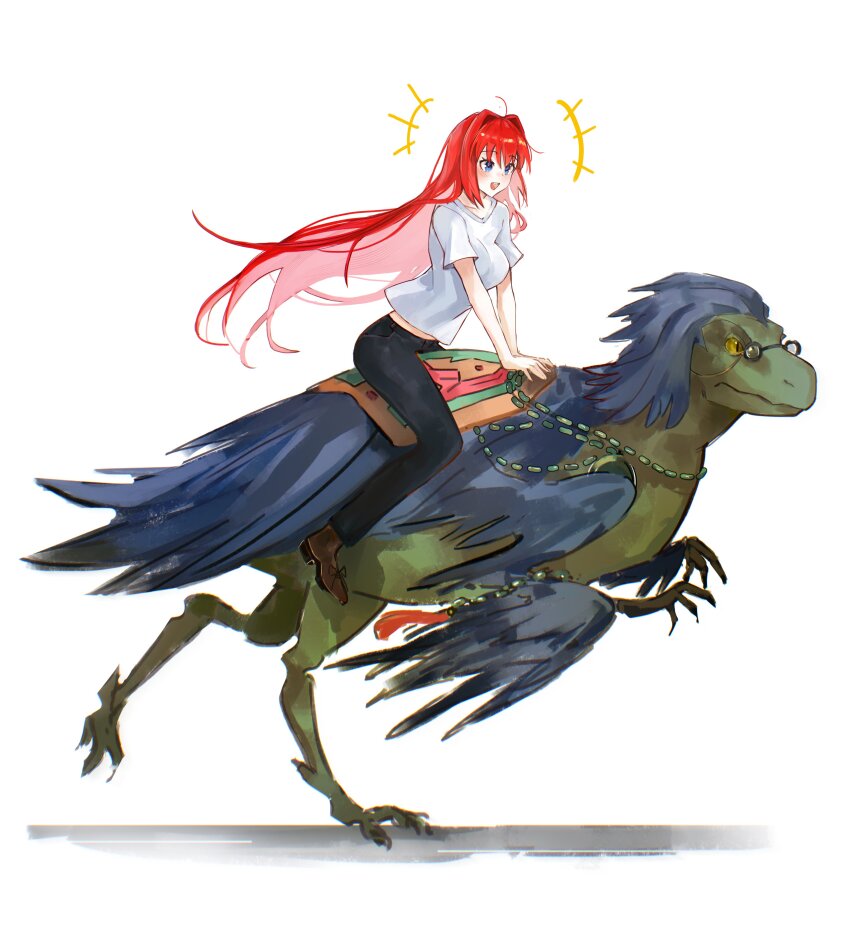 1girl absurdres ahoge aozaki_aoko black_pants blue_eyes breasts brown_footwear clawed_feet claws closed_mouth colored_sclera eyewear_on_head fate/grand_order fate_(series) feathered_wings full_body hair_intakes highres jewelry large_breasts long_hair looking_to_the_side necklace open_mouth pants raptor red_hair riding riding_animal shirt simple_background sketch slit_pupils smile sound_effects tepeu_(fate) tsukihime white_background white_shirt wings yellow_sclera yotsutsu428