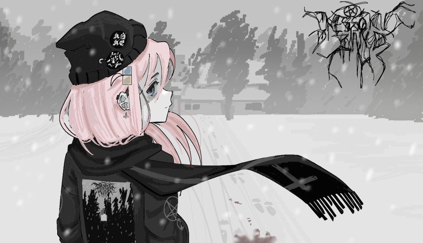 1girl absurdres bathory_(band) beanie black_hat black_jacket black_metal black_scarf blue_eyes bocchi_the_rock! building cross cube_hair_ornament darkthrone earclip gotoh_hitori hair_ornament hat hat_pin heavy_metal highres house inverted_cross inverted_cross_earrings inverted_pentagram irreligiositat jacket one_side_up outdoors pink_hair profile scarf snow snowing solo