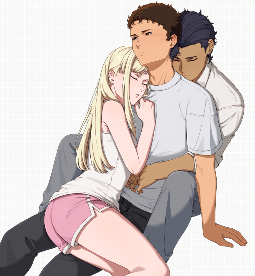 1girl 2boys between_legs black_hair blonde_hair boy_and_girl_sandwich brown_eyes brown_hair closed_eyes dark-skinned_male dark_skin enelous gigi_andalusia grey_background grid_background group_sex gundam gundam_hathaway&#039;s_flash hathaway_noa hug hug_from_behind kenneth_sleg leaning_on_person long_hair multiple_boys pants sandwiched shirt short_hair short_shorts shorts sitting sitting_between_lap sitting_on_lap sitting_on_person sleeping threesome