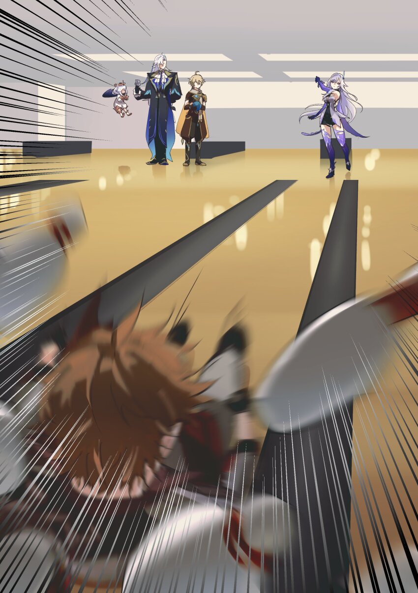 2girls 3boys absurdres aether_(genshin_impact) ball black_gloves bowling_alley bowling_ball bowling_pin breasts brown_hair chalice closed_mouth coat commentary_request cup dress elbow_gloves genshin_impact gloves halo highres holding holding_cup long_hair medium_breasts multiple_boys multiple_girls neuvillette_(genshin_impact) paimon_(genshin_impact) pants shizuku1473 skirk_(genshin_impact) standing tartaglia_(genshin_impact) throwing throwing_person