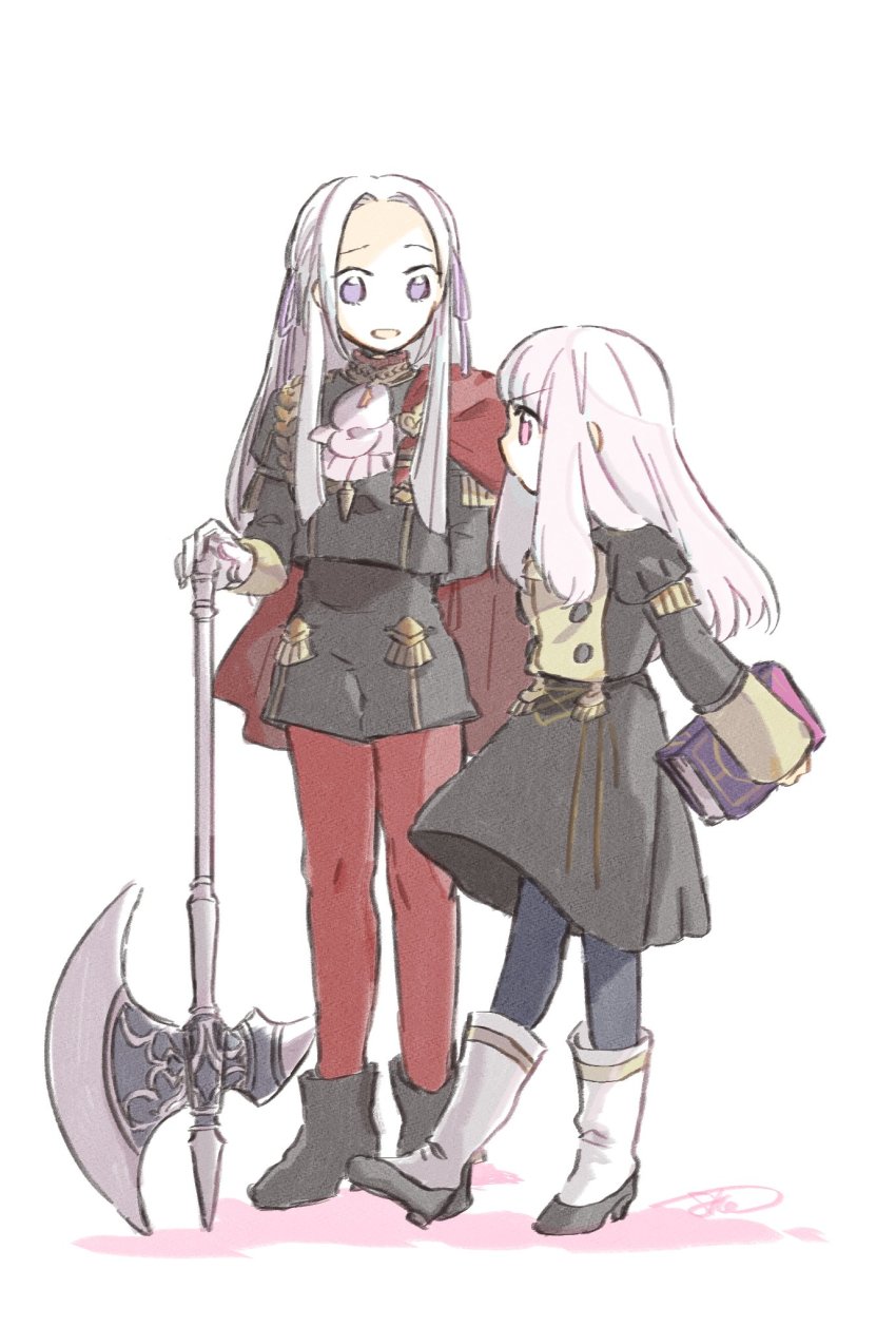 2girls axe batoson54 blue_legwear book cape edelgard_von_hresvelg fire_emblem fire_emblem:_three_houses fire_emblem_heroes garreg_mach_monastery_uniform gloves hair_ribbon high_heels highres holding holding_axe holding_book long_hair long_sleeves lysithea_von_ordelia multiple_girls nintendo open_mouth pantyhose pink_eyes purple_eyes red_cape red_legwear ribbon simple_background white_background white_gloves white_hair