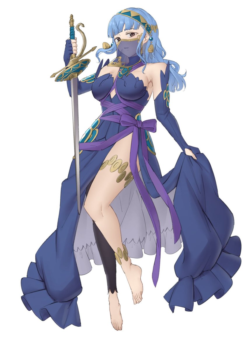 1girl alternate_costume alternate_hairstyle anklet asymmetrical_legwear azura_(fire_emblem) azura_(fire_emblem)_(cosplay) azura_(lady_of_ballads)_(fire_emblem) bare_shoulders barefoot black_dress black_eyes black_gloves black_legwear blue_hair blunt_bangs breasts commentary commission cosplay detached_sleeves dress ebinku elbow_gloves english_commentary fingerless_gloves fire_emblem fire_emblem:_three_houses fire_emblem_fates full_body gloves highres holding holding_sword holding_weapon jewelry looking_at_viewer marianne_von_edmund medium_breasts mouth_veil nintendo see-through_clothes side_slit sideboob simple_background single_leg_pantyhose skirt_hold solo sword thighs veil wavy_hair weapon white_background