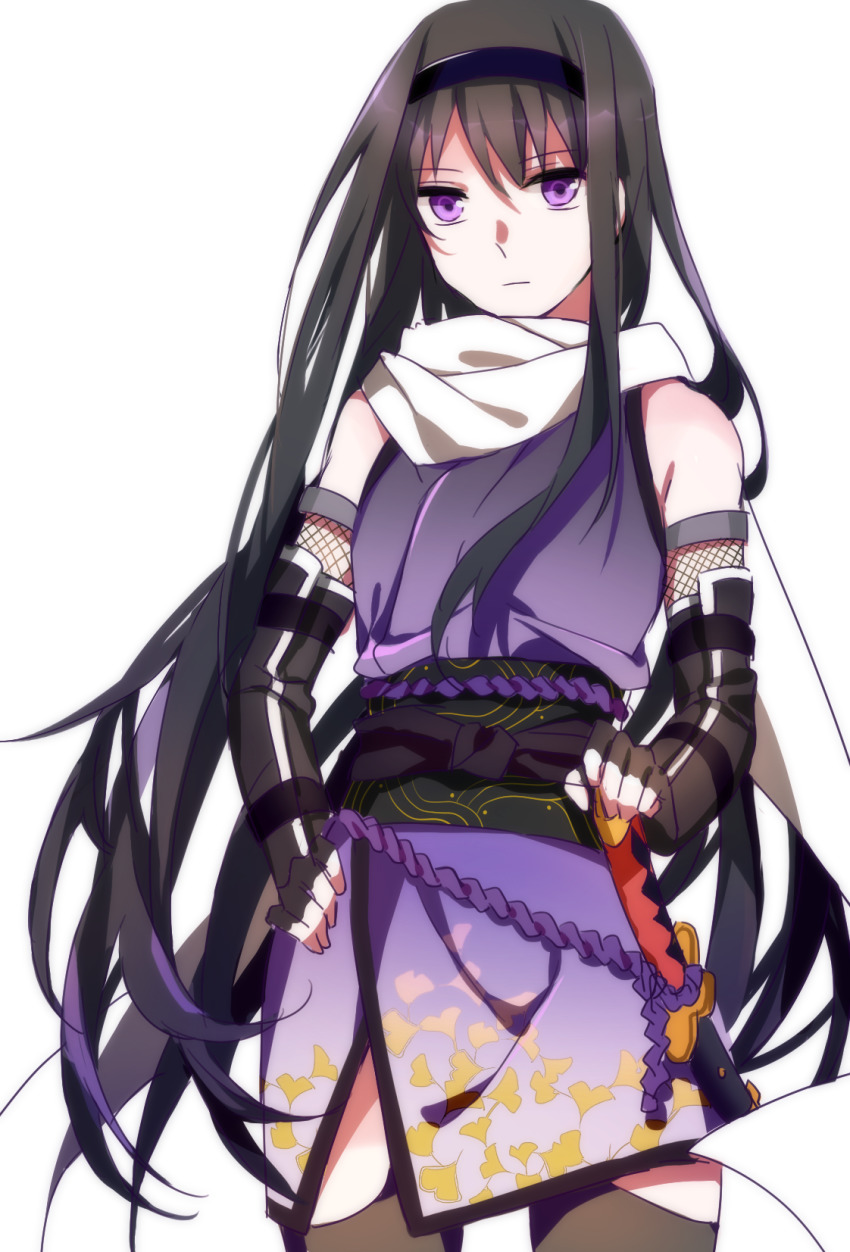 1girl akemi_homura alternate_costume black_gloves black_hair black_hairband black_thighhighs cowboy_shot detached_sleeves female_focus fingerless_gloves fishnet_sleeves fishnets floating_hair gloves gradient_clothes gradient_kimono hair_between_eyes hairband hand_on_hilt hand_on_own_hip highres japanese_clothes kimono leaf_print long_hair long_sleeves looking_at_viewer mahou_shoujo_madoka_magica mahou_shoujo_madoka_magica_(anime) ninja print_kimono purple_eyes scarf sheath sheathed short_kimono simple_background sleeveless sleeveless_kimono solo standing thigh_gap thighhighs very_long_hair white_background white_scarf zettai_ryouiki zgxuke