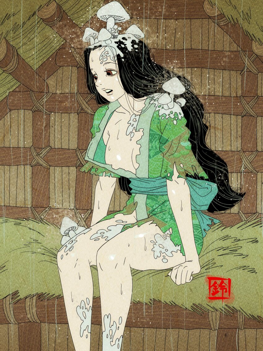 1girl absurdres arms_at_sides black_hair breasts brown_eyes cleavage collarbone feet_out_of_frame fine_art_parody fungus green_kimono highres inkan japanese_clothes kimono long_hair looking_down medium_breasts mushroom nihonga open_clothes open_kimono open_mouth original parody rain sei5osuzuki sitting