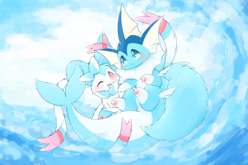 alternate_color animal_focus blue_eyes blush bow fangs fin fins fish_tail gen_1_pokemon gen_6_pokemon highres nintendo one_eye_closed pink_eyes pokemon ribbon shiny_pokemon smile sylveon tail vaporeon wink