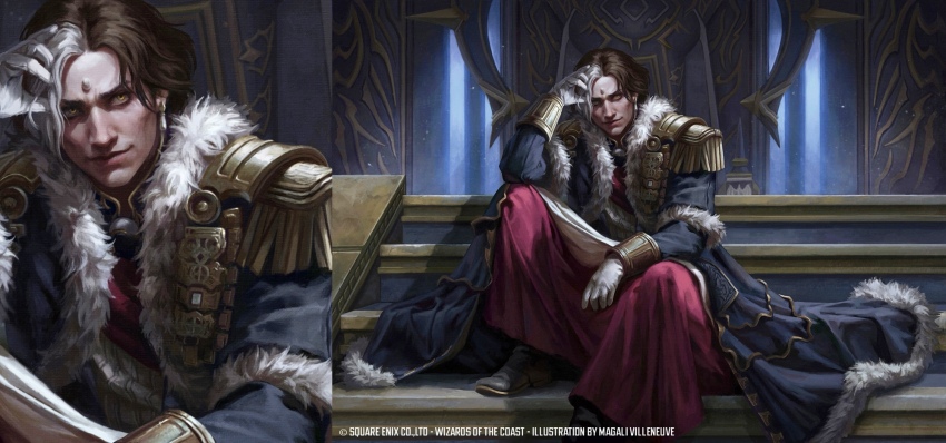 1boy brown_hair coat commentary copyright_notice emet-selch english_commentary epaulettes evil_smile final_fantasy final_fantasy_xiv forehead_jewel fur-trimmed_coat fur_trim gloves highres looking_at_viewer magali_villeneuve magic:_the_gathering multicolored_hair official_art sitting sitting_on_stairs smile solo stairs streaked_hair throne white_gloves white_hair