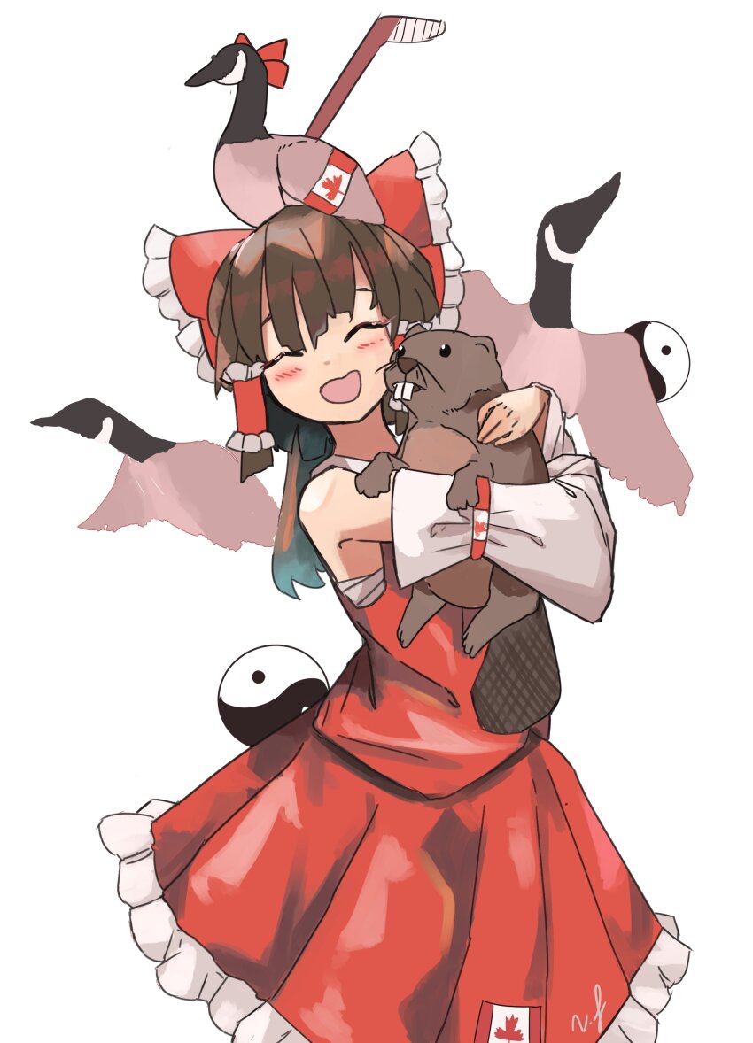 1girl :d absurdres animal animal_hug animal_on_head artistic_error beaver bird blush brown_hair canadian_flag detached_sleeves facing_viewer frilled_skirt frills hair_tubes hakurei_reimu highres hockey_stick long_hair on_head open_mouth r/place red_shirt red_skirt sarashi shirt sidelocks simple_background skirt sleeveless sleeveless_shirt smile touhou vanilla_flan white_background white_sleeves yin_yang