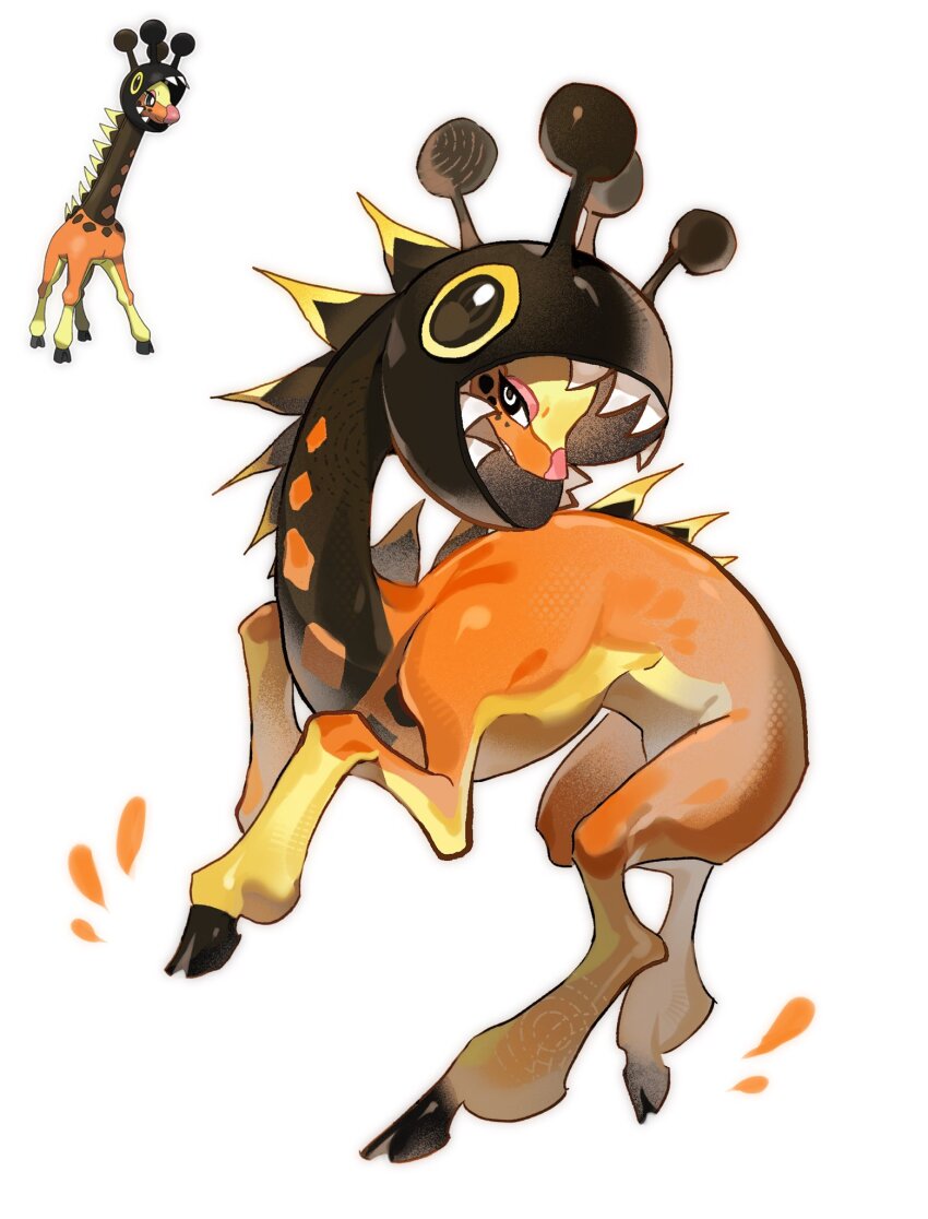 animal_focus bairizuomeng black_eyes bright_pupils farigiraf full_body giraffe highres hood hood_up hooves long_neck looking_at_viewer nintendo no_humans orange_fur pokemon pokemon_(creature) pokemon_focus reference_inset sharp_teeth simple_background solo spines standing teeth white_background white_pupils