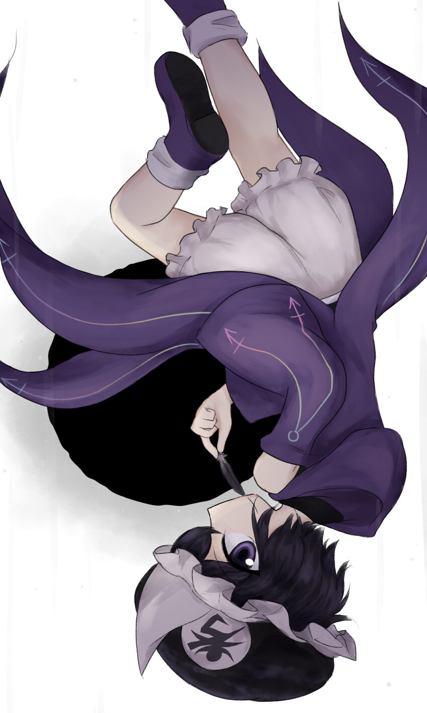 absurdres black_feathers black_hair black_hat black_sun coat feathers from_side hat highres holding holding_feather hood hood_down kuroda_(kurota_ne) len&#039;en mob_cap object_to_mouth purple_coat purple_eyes shitodo_kuroji shorts sideways_mouth socks sun upside-down white_background white_shorts white_socks