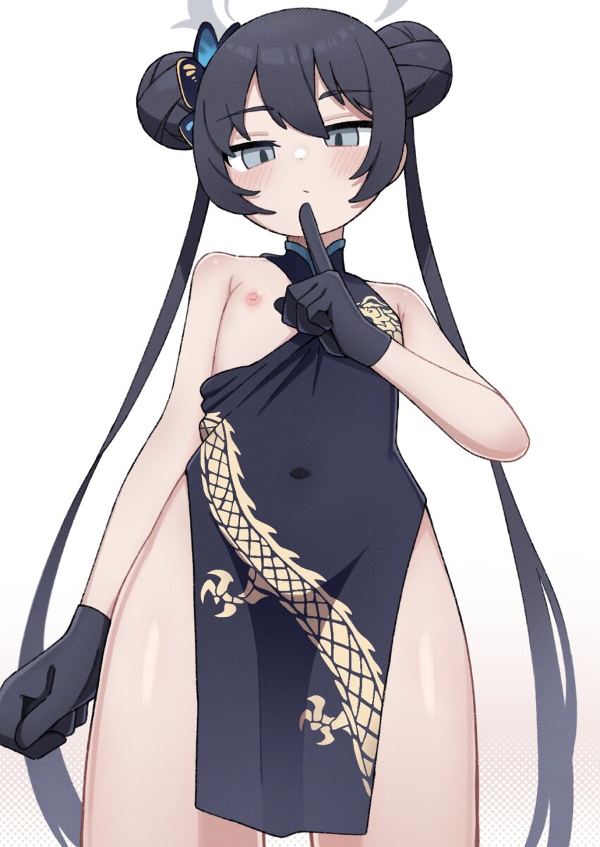 1girl black_dress black_gloves black_hair blue_archive blush butterfly_hair_ornament china_dress chinese_clothes clothes_pull dress dress_pull female_focus flashing flat_chest from_below gloves grey_eyes hair_bun hair_ornament highres kisaki_(blue_archive) koonowen loli long_hair looking_at_viewer nipples pulling_own_clothes solo standing twintails very_long_hair white_background