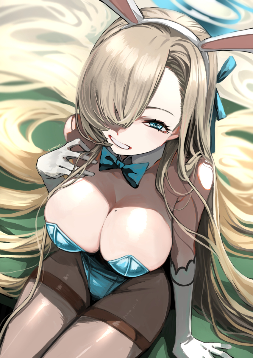 1girl absurdly_long_hair animal_ear_hairband animal_ears arm_at_side arm_support armpit_crease artist_name asuna_(blue_archive) asuna_(bunny)_(blue_archive) blonde_hair blue_archive blue_bow blue_bowtie blue_eyes blue_halo blue_leotard bow bowtie breasts brown_pantyhose cleavage collar commentary cowboy_shot detached_collar elbow_gloves english_commentary eudetenis eyelashes fake_animal_ears from_above gloves grin hair_over_one_eye hair_over_shoulder hair_spread_out hairband half-closed_eyes halo hand_in_own_hair hand_up highres large_breasts leotard long_bangs long_hair long_sidelocks looking_at_viewer looking_up mole mole_on_breast one_eye_covered pantyhose rabbit_ear_hairband rabbit_ears sidelocks sitting smile solo very_long_hair very_long_sidelocks white_collar white_gloves white_hairband