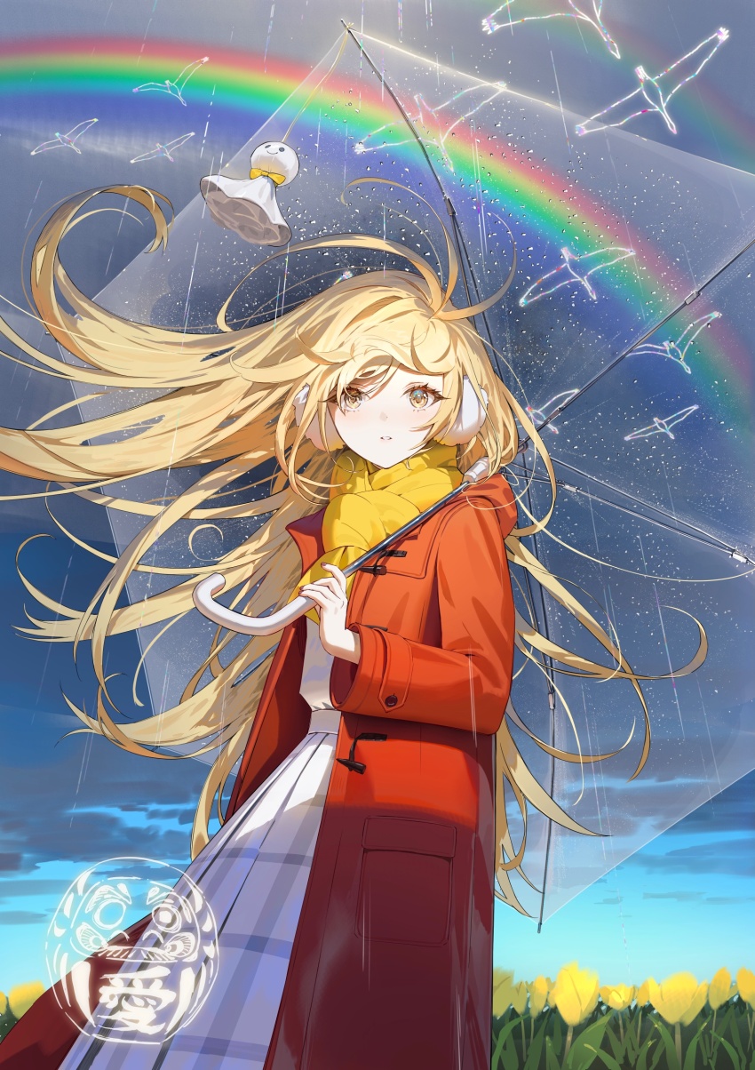 1girl absurdres blonde_hair blue_sky cloud coat commentary day dress earmuffs eshi_100_nin_ten field floating_hair flower flower_field highres holding holding_umbrella hood hooded_coat kitada_mo long_dress long_hair looking_at_viewer original outdoors parted_lips pleated_dress rainbow red_coat scarf sky solo symbol-only_commentary transparent transparent_umbrella umbrella very_long_hair white_dress yellow_eyes yellow_scarf