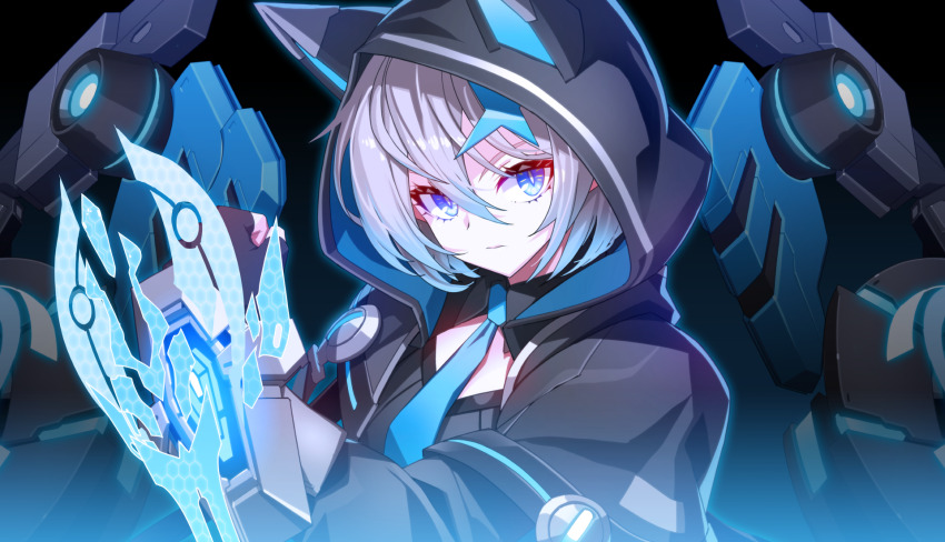 1girl animal_hood arm_guards black_background black_hood blue_eyes blue_necktie cat_hood collared_shirt diamond_(shape) glowing grand_chase grey_hair halo highres hologram hood mechanical_halo necktie official_art shirt slit_pupils tiamat_(grand_chase) tsurime wing_collar