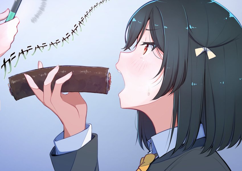 2girls black_hair black_jacket blue_background blush cellphone collared_shirt commentary_request ehoumaki fingernails food from_side gradient_background hair_ribbon hand_up holding holding_food holding_phone jacket long_sleeves looking_at_another love_live! love_live!_nijigasaki_high_school_idol_club makizushi mifune_shioriko multiple_girls neck_ribbon nijigasaki_school_uniform open_mouth orange_eyes out_of_frame phone portrait profile repunit ribbon school_uniform sexually_suggestive shirt short_hair smartphone solo_focus sushi sweatdrop takasaki_yu taking_picture teeth translation_request upper_teeth_only white_shirt yellow_ribbon