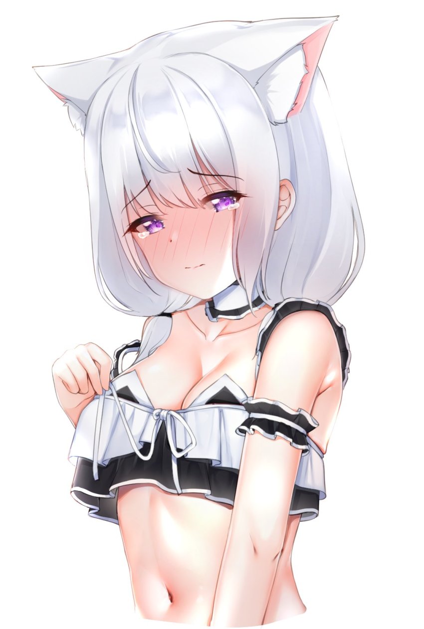 1girl animal_ear_fluff animal_ears armpit_crease bare_arms bare_shoulders benedia black_bra blouse blush bra breasts cat_ears cat_girl choker cleavage collarbone crop_top crop_top_overhang cropped_torso embarrassed extra_ears frilled_choker frills highres long_hair looking_at_viewer low_twintails medium_breasts midriff navel nose_blush original purple_eyes shirt simple_background sleeveless sleeveless_shirt solo stomach tears twintails underwear white_background white_choker white_hair