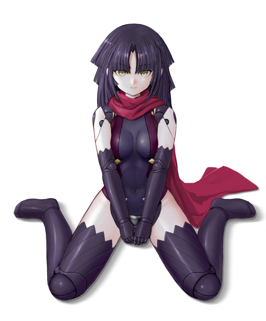 1girl android black_hair black_leotard black_thighhighs blunt_bangs breasts breasts_squeezed_together commentary_request covered_navel fate/grand_order fate_(series) full_body highres imananji_01 joints katou_danzou_(fate) leotard long_hair red_scarf robot_joints scarf sitting small_breasts smile solo thighhighs wariza yellow_eyes