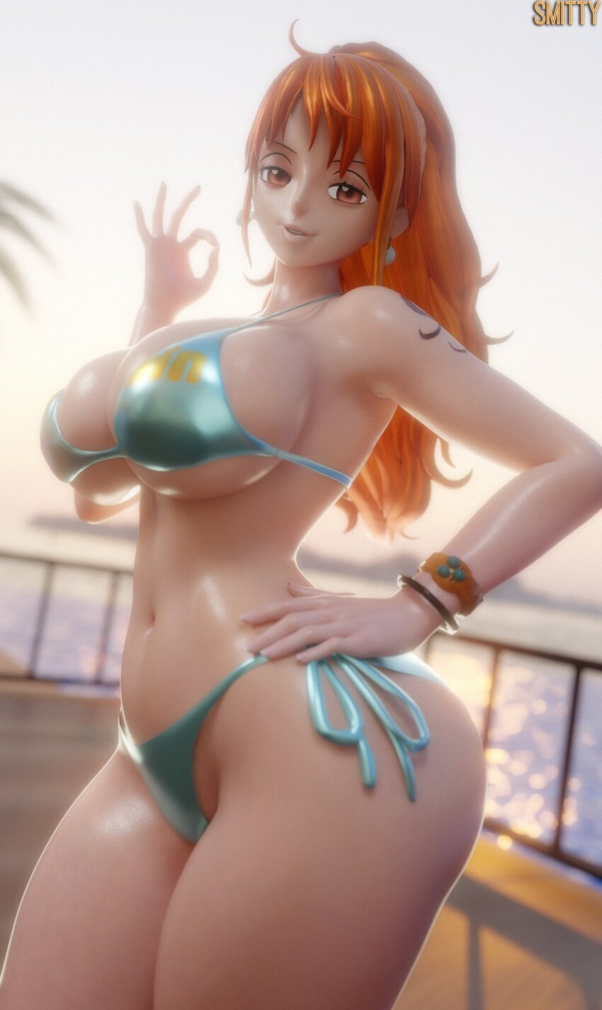 1girl 3d alternate_hairstyle aqua_bikini artist_name bikini breasts curvy earrings hand_on_own_hip high_ponytail jewelry large_breasts log_pose long_hair looking_at_viewer nami_(one_piece) navel ok_sign one_piece orange_eyes orange_hair outdoors parted_lips ponytail seductive_gaze shiny_skin shoulder_tattoo side-tie_bikini_bottom sky smile smittt34 standing swimsuit tattoo thong thong_bikini wide_hips