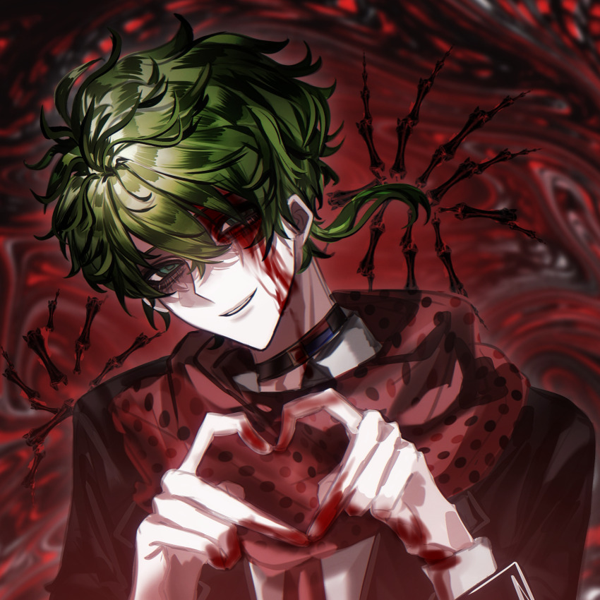 1boy four-finger_heart_hands abstract_background black_collar black_jacket blood blood_from_forehead blood_on_face blood_on_hands blood_on_neck chinese_commentary collar commentary_request empty_eyes green_eyes green_hair hair_between_eyes heart heart_hands highres jacket kimi_ga_shine long_sleeves male_focus midori_(kimi_ga_shine) moyu_shuang open_clothes open_jacket pale_skin polka_dot polka_dot_scarf red_background red_scarf scarf shirt short_hair smile solo upper_body variant_set wavy_background white_shirt