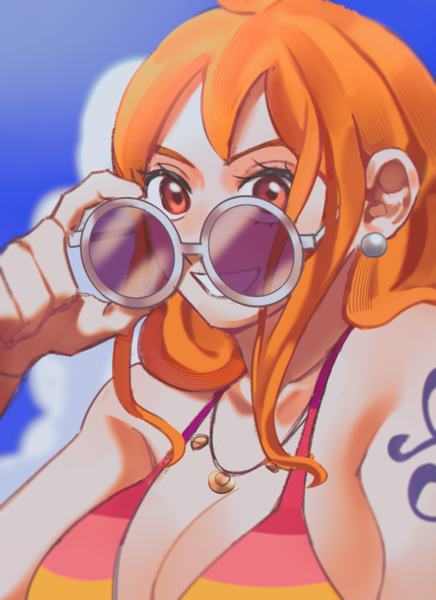 1girl bare_shoulders bikini blue_sky breasts cleavage cloud cloudy_sky collarbone commentary_request earrings gold_necklace halterneck highres holding holding_removed_eyewear jewelry large_breasts long_hair looking_at_viewer multicolored_bikini nami_(one_piece) necklace official_alternate_costume one_piece one_piece_film:_z orange_eyes orange_hair outdoors pandar_op parted_lips pearl_earrings shoulder_tattoo sidelocks sky smile solo sunglasses swimsuit tattoo unworn_eyewear upper_body wavy_hair white-framed_eyewear