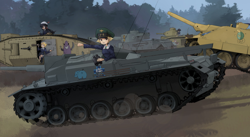 4girls binoculars bird black_footwear black_hair blonde_hair blue_jacket bob_cut boots bow char_b1 commentary cutlass_(girls_und_panzer) dark-skinned_female dark_skin day dixie_cup_hat duck emblem erwin_(girls_und_panzer) forest girls_und_panzer green_headwear hair_bow hat hat_feather highres hippopotamus holding holding_binoculars holding_smoking_pipe holding_telescope jacket jagdpanzer_38(t) leopon_(animal) long_sleeves maid_headdress mark_iv_tank military_hat military_vehicle miniskirt motor_vehicle multiple_girls nature ogin_(girls_und_panzer) ooarai_(emblem) ooarai_military_uniform outdoors peaked_cap pointing red_bow shark sitting skirt smoking_pipe sono_midoriko sturmgeschutz_iii tank telescope throat_microphone tiger_(p) turretless_tank turtle uingssi