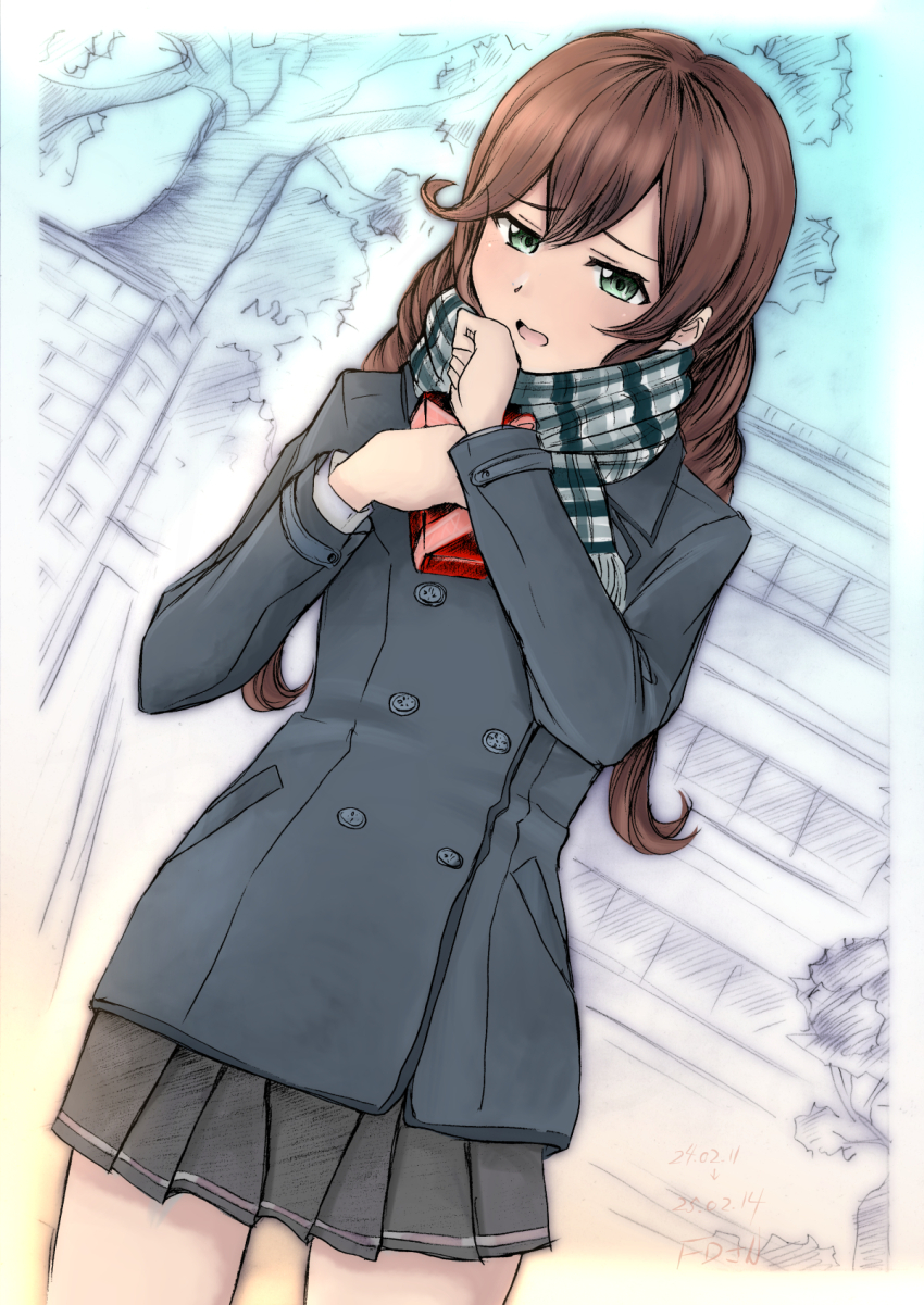 1girl black_skirt braid brown_hair buttons double-breasted fd_(fd_sanmaru) green_eyes grey_jacket grey_scarf highres jacket kantai_collection long_hair long_sleeves miniskirt noshiro_(kancolle) plaid_clothes plaid_scarf pleated_skirt scarf skirt solo swept_bangs twin_braids