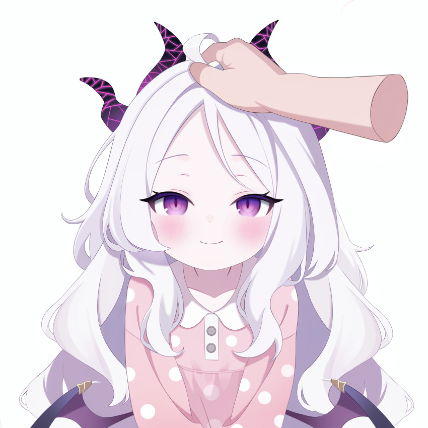 1girl 1other absurdres ahoge bat_wings black_horns blue_archive blush closed_mouth collarbone commentary_request disembodied_hand fuminshou_(nekopan_art) headpat highres hina_(blue_archive) hina_(pajamas)_(blue_archive) horns looking_at_viewer low_wings official_alternate_costume pajamas pink_pajamas purple_eyes simple_background smile solo upper_body white_background white_hair wings