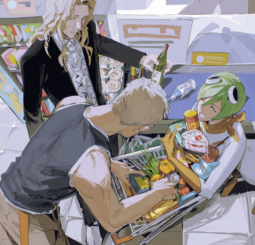1girl 2boys black_jacket bleach blonde_hair bottle brown_pants cake cake_slice can carrot center_frills closed_eyes collared_shirt curly_hair drink_can elbow_gloves food frills gloves green_hair grey_hair grey_shirt hair_between_eyes hair_ornament highres holding holding_bottle holding_food jacket kuna_mashiro leaning_forward long_hair long_sleeves muguruma_kensei multiple_boys nordicpuff ootoribashi_roujuurou open_clothes open_jacket open_mouth orange_gloves orange_scarf pants scarf shirt shopping_cart short_hair sleeveless soda_can supermarket sweatdrop t-shirt white_shirt