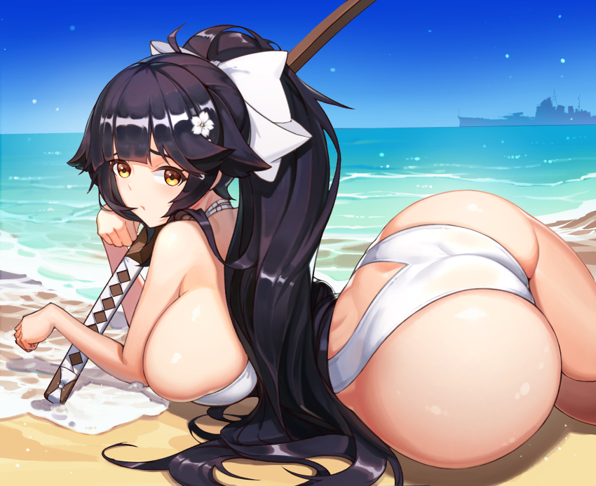 1girl ass azur_lane beach bikini black_hair blush boat breasts cleavage day hair_flower hair_ornament hair_ribbon highres huge_ass large_breasts long_hair looking_at_viewer lying ocean on_side one-piece_swimsuit outdoors ponytail pout ribbon ship sideboob sky swimsuit sword takao_(azur_lane) takao_(beach_rhapsody)_(azur_lane) water watercraft weapon wide_hips wooden_sword yellow_eyes yeong_r6