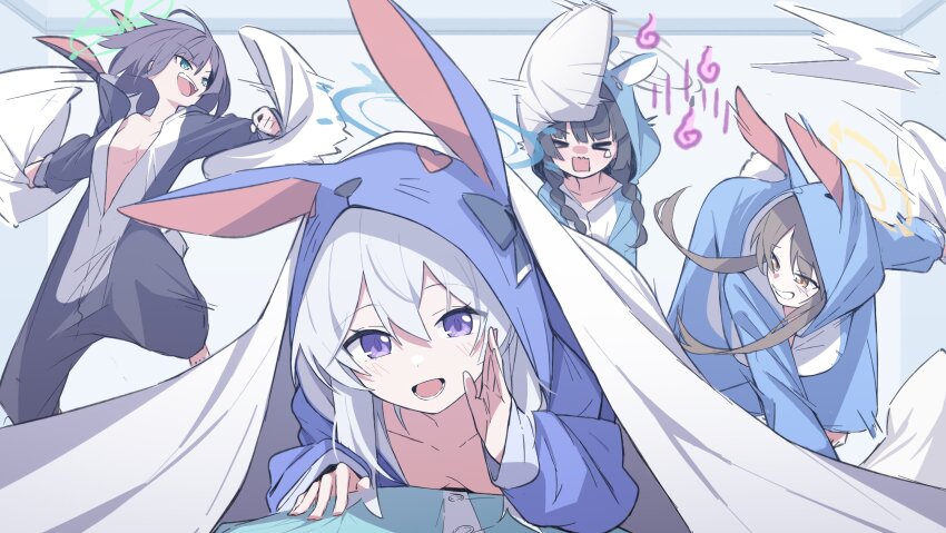 &gt;_&lt; 4girls absurdres alternate_costume animal_ears animal_hood bed_sheet black_hair blue_archive blue_halo blue_pajamas blush braid breasts brown_hair fake_animal_ears green_halo grey_halo grey_pajamas halo hand_on_another&#039;s_chest highres hood long_hair looking_at_viewer miyako_(blue_archive) miyu_(blue_archive) mmhomm moe_(blue_archive) multiple_girls open_clothes open_mouth pajamas pillow purple_eyes rabbit_platoon_(blue_archive) saki_(blue_archive) short_hair throwing twin_braids white_hair yellow_halo