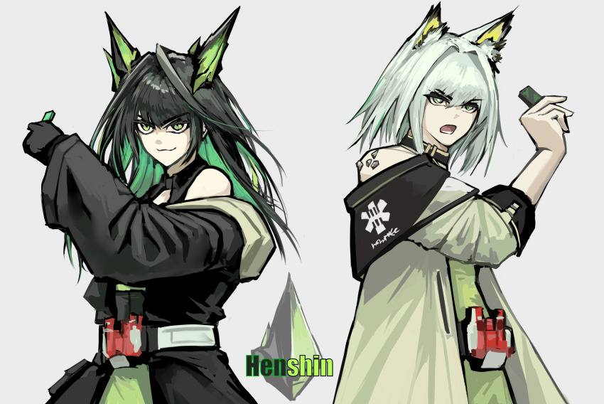 2girls animal_ear_fluff animal_ears arknights bare_shoulders belt black_gloves black_jacket cat_ears closed_mouth colored_inner_hair double_driver dress gaia_memory gloves green_dress green_eyes grey_hair henshin_pose highres holding jacket kal&#039;tsit_(arknights) kamen_rider kamen_rider_w long_hair long_sleeves lucksup material_growth medium_hair mon3tr_(arknights) multicolored_hair multiple_girls open_clothes open_jacket open_mouth oripathy_lesion_(arknights) simple_background star_of_life white_background white_jacket