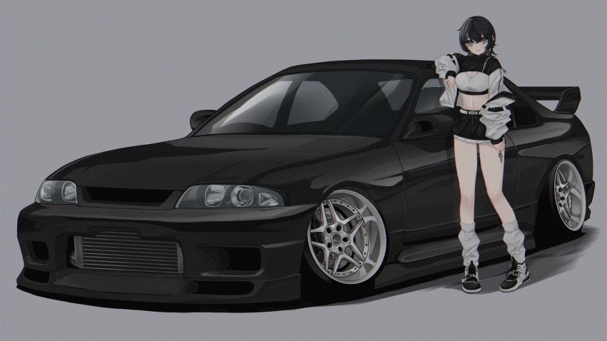 1girl belt black_hair black_shoes black_skirt breasts car cleavage cleavage_cutout clothing_cutout grey_belt grey_socks grey_sports_bra highres itou_touma looking_at_viewer making-of_available medium_breasts midriff motor_vehicle navel nissan nissan_skyline nissan_skyline_gt-r nissan_skyline_r33 original shadow shoes short_hair shrug_(clothing) skirt smile sneakers socks solo spoiler_(automobile) sports_bra stance_(vehicle) vehicle_focus