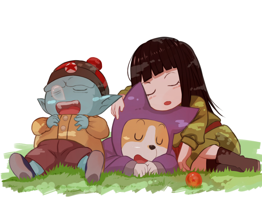 1girl age_regression aged_down black_hair blue_skin boots child colored_skin dog dragon_ball dragon_ball_(object) dragonball_z grass hat lying mai_(dragon_ball) mizu_(dl7613) nose_bubble on_stomach pilaf pointy_ears shade shorts shuu_(dragon_ball) sleeping