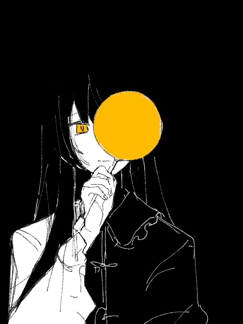 1girl black_background bow_button chinese_commentary closed_mouth collared_shirt commentary_request expressionless fingernails frilled_shirt_collar frilled_sleeves frills greyscale hand_fan highres holding holding_fan houraisan_kaguya kusa-d long_hair long_sleeves looking_at_viewer monochrome one_eye_covered shirt simple_background single_sidelock solo spot_color straight_hair touhou tuanshan upper_body very_long_hair wide_sleeves yellow_eyes