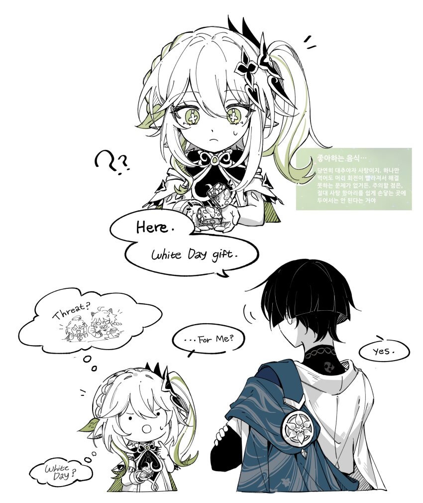 1boy 1girl ? ?? absurdres aether_(genshin_impact) animal_print armlet asymmetrical_sidelocks bird_print black_bodysuit black_hair blue_cape blunt_ends bodysuit bracelet candied_ajilenakh_nut_(genshin_impact) cape closed_mouth cross-shaped_pupils crossed_arms detached_sleeves dress electro_symbol_(genshin_impact) english_text eyelashes game_screenshot_inset genshin_impact genshinisgamegg green_cape green_eyes green_hair hair_intakes hair_ornament half_crown_braid hand_on_own_arm hands_up hatching_(texture) highres japanese_clothes jewelry kimono leaf leaf_hair_ornament limited_palette linear_hatching long_hair looking_at_another looking_at_food looking_down mitsudomoe_(shape) multicolored_hair nahida_(genshin_impact) notice_lines o_o open_hands open_mouth paimon_(genshin_impact) pointing pointing_at_self pointy_ears scaramouche_(genshin_impact) shoulder_peek side_ponytail sidelocks spoken_character streaked_hair sweatdrop symbol-shaped_pupils tareme tomoe_(symbol) turtleneck turtleneck_bodysuit wanderer_(genshin_impact) white_background white_day white_hair white_kimono white_trim