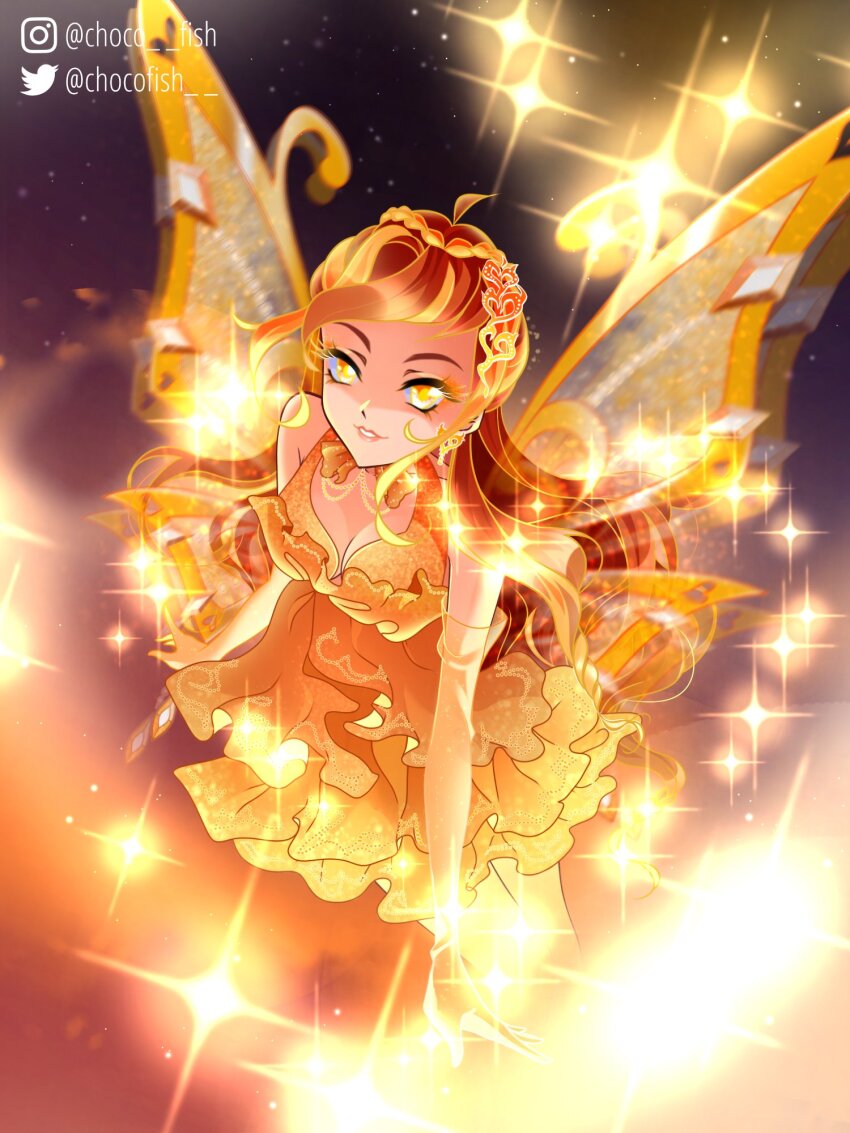 1girl afterimage ahoge alternate_color bad_id bad_twitter_id bare_legs bare_shoulders barefoot_sandals_(jewelry) black_background blonde_hair bloom_(winx_club) bow bowtie braid breasts chocofish cleavage commentary crown_braid dress elbow_gloves enchantix english_commentary eyelashes eyeshadow fairy fairy_wings fiery_background fire flying frilled_dress frills from_above gloves gradient_background hair_ornament halter_dress halterneck heart heart_hair_ornament highres light_particles lipstick long_hair magical_girl makeup multicolored_hair orange_background orange_bow orange_bowtie orange_dress orange_eyeshadow orange_gloves orange_hair orange_wings parted_lips pink_lips sidelocks smile solo sparkle streaked_hair teeth two-tone_hair very_long_hair wings winx_club yellow_eyes