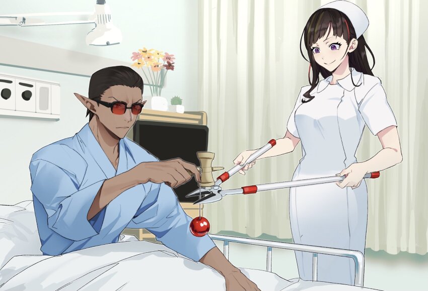 1boy 1girl bed black_hair brown_hair closed_mouth curtains dark-skinned_male dark_skin dress flower gwelu_os_gar hat hayase_sou highres holding holding_toy hospital_bed jip kendama medical_scrubs multicolored_hair nijisanji nurse nurse_cap pointy_ears purple_eyes red_hair shears streaked_hair sunglasses toy vase virtual_youtuber white_dress