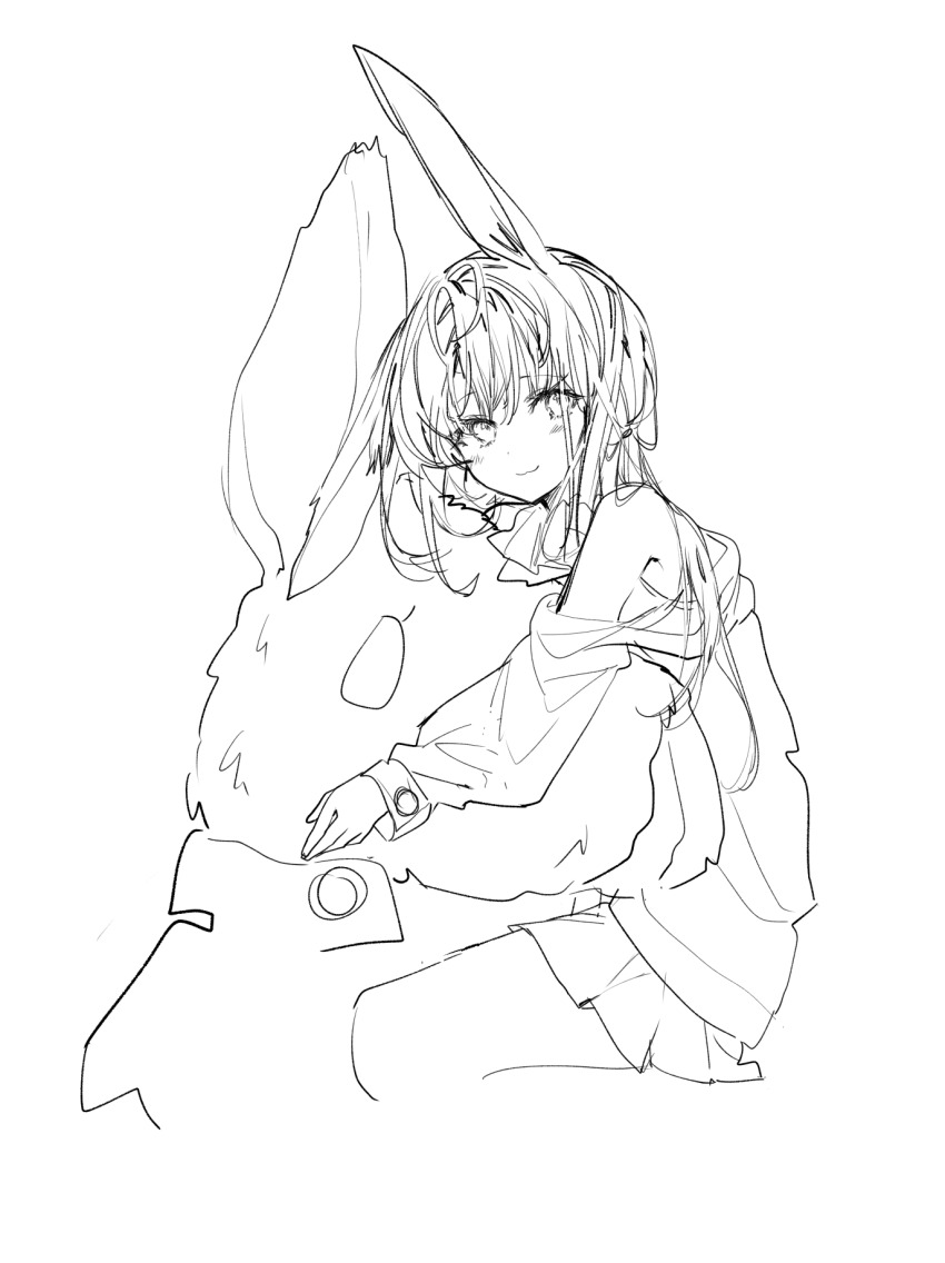 1girl 414_(hncx3355) amiya_(arknights) animal_ears arknights closed_mouth greyscale highres long_hair long_sleeves looking_at_viewer monochrome hugging_object off_shoulder pleated_skirt puffy_long_sleeves puffy_sleeves rabbit_ears simple_background skirt smile solo stuffed_animal stuffed_rabbit stuffed_toy white_background