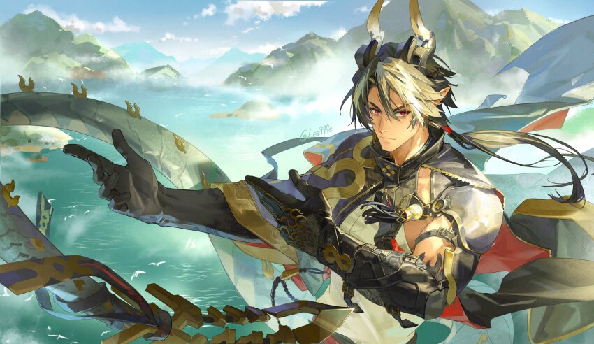 1boy absurdres arknights black_cape black_hair black_skin blonde_hair blue_sky cape chongyue_(arknights) cloud colored_skin commentary_request dragon_boy dragon_horns dragon_tail highres horns lee999nine looking_at_viewer low_ponytail male_focus mountain multicolored_hair pointy_ears ponytail red_cape red_eyes shirt sky streaked_hair tail twitter_username two-sided_cape two-sided_fabric two-tone_hair upper_body white_shirt