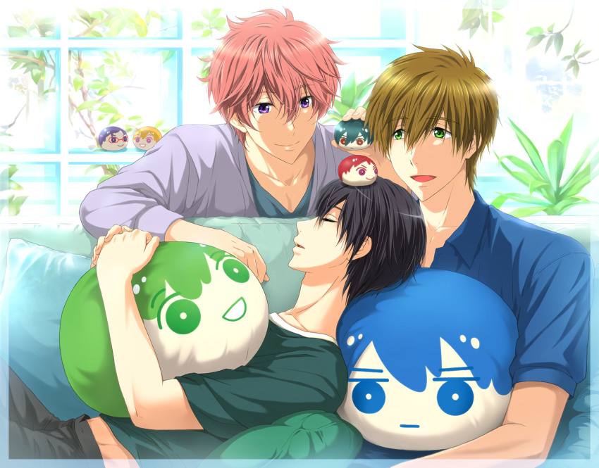 3boys :d black_hair character_doll couch doll free! green_eyes hazuki_nagisa highres lying male_focus multiple_boys nanase_haruka_(free!) on_back on_couch open_mouth pillow pink_hair purple_eyes ryuugazaki_rei shigino_kisumi sitting sleeping smile tachibana_makoto