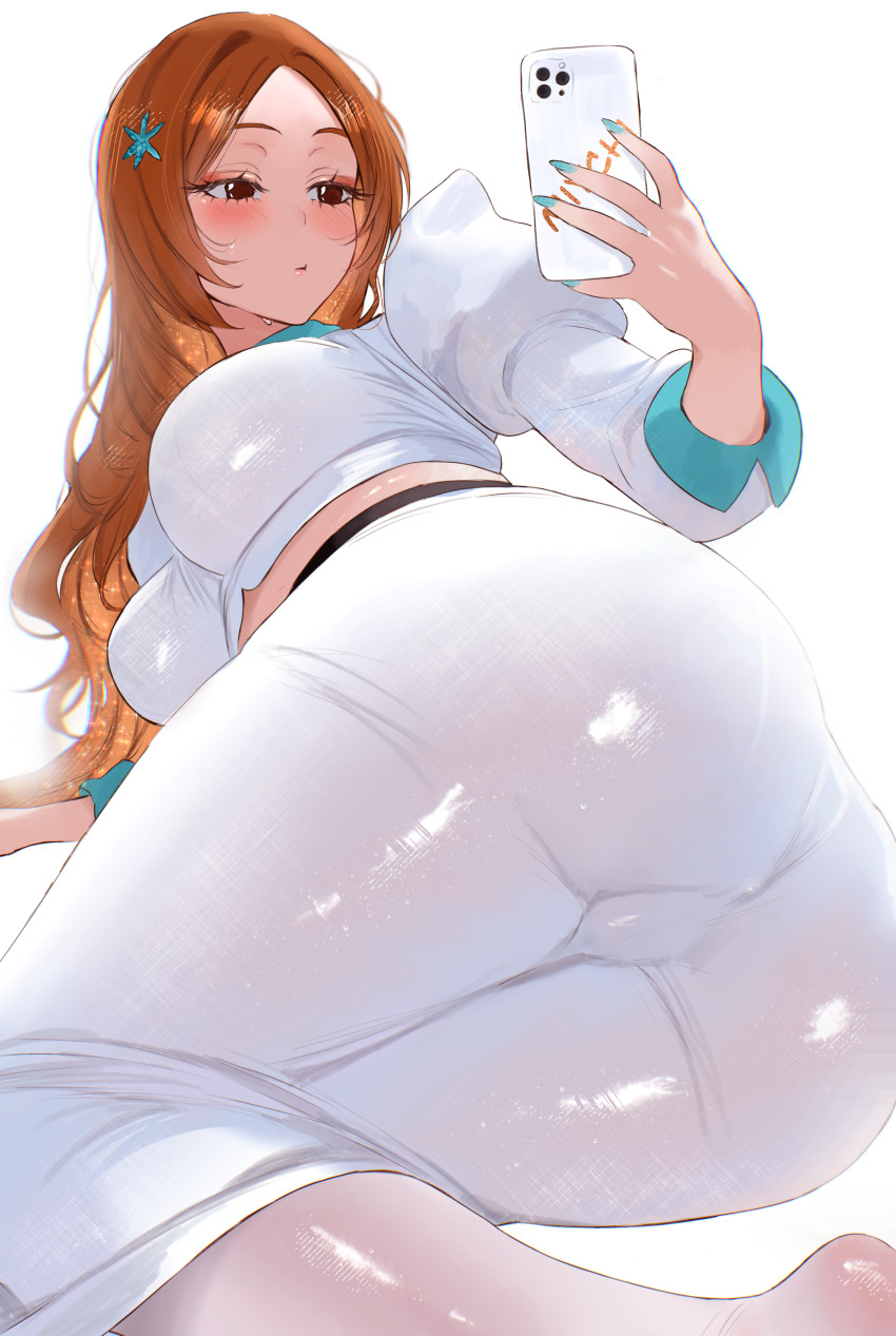 1girl absurdres ass bleach blue_nails blush breasts brown_eyes cellphone commentary english_commentary highres holding holding_phone inoue_orihime juliet_sleeves large_breasts long_hair long_skirt long_sleeves midriff miychi nail_polish orange_hair pencil_skirt phone photo-referenced puffy_sleeves shirt simple_background sitting_sideways skirt smartphone socks solo sweatdrop taking_picture white_background white_shirt white_skirt white_socks