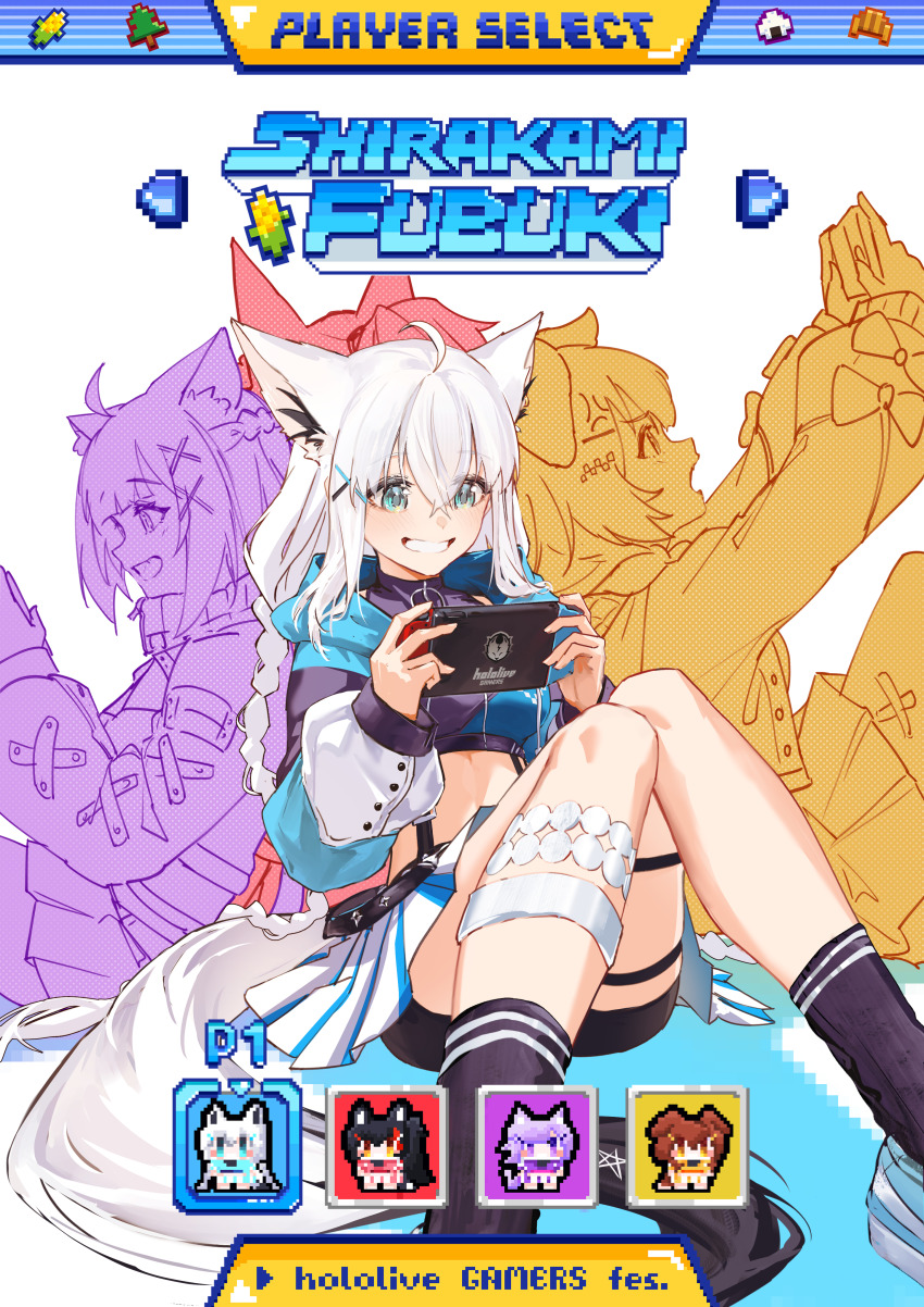 4girls absurdres ahoge animal_ear_fluff animal_ear_piercing animal_ears aqua_eyes black_hair black_ribbon black_shirt black_shorts black_socks blue_jacket blush braid brown_eyes brown_hair cat_ears cat_girl commentary cropped_shirt crossed_bangs dog_ears dog_girl double-parted_bangs fox_ears fox_girl fox_tail green_eyes grin hair_between_eyes hair_ribbon handheld_game_console highres holding holding_handheld_game_console hololive hololive_gamers hyde_(tabakko) inugami_korone jacket long_hair low_ponytail multiple_girls nekomata_okayu ookami_mio pentagram ponytail purple_eyes purple_hair red_eyes ribbon shirakami_fubuki shirt short_shorts shorts shorts_under_skirt side_braid sitting skirt smile socks tail virtual_youtuber white_hair white_skirt wolf_ears wolf_girl