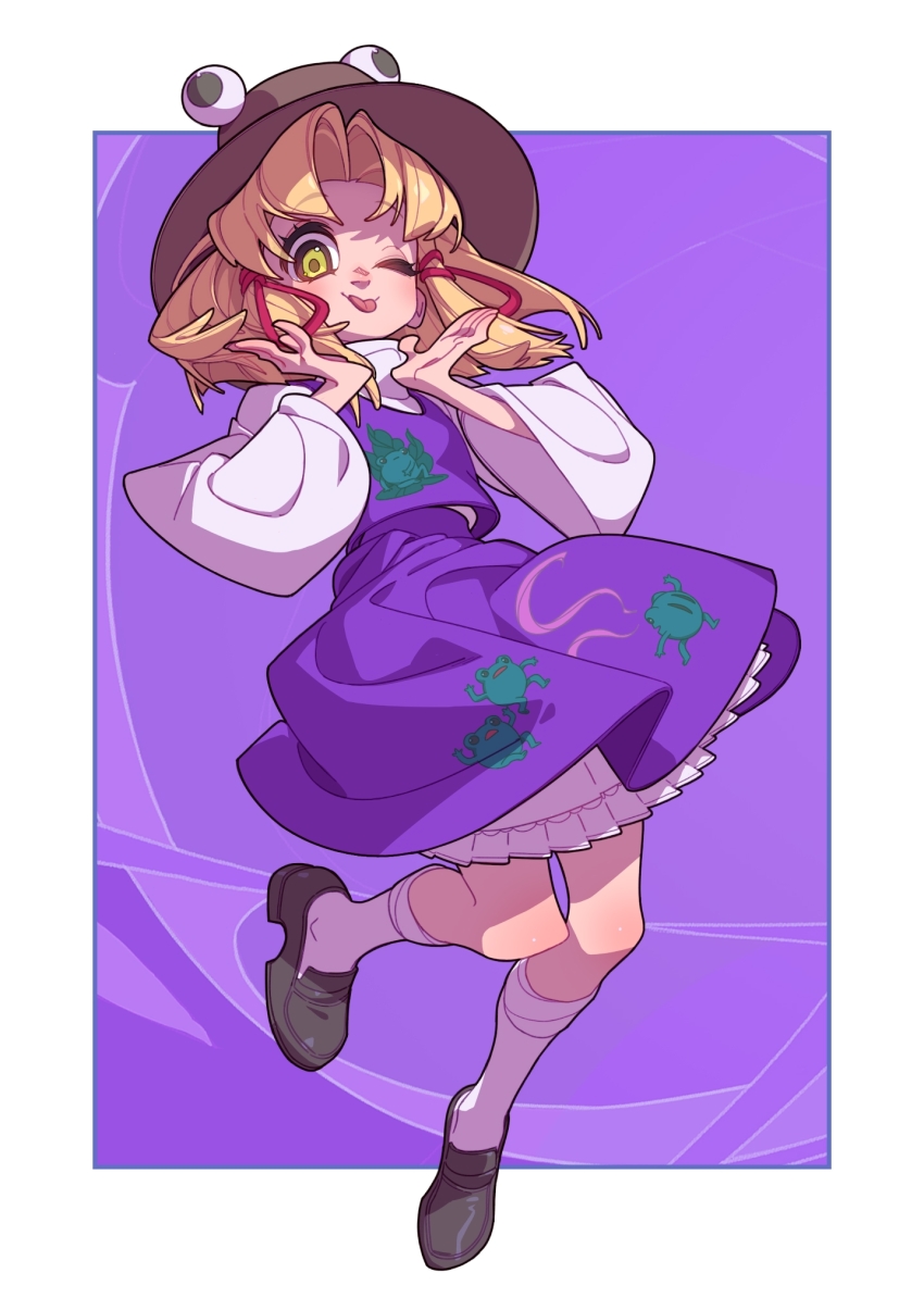 1girl :p animal_print black_footwear blonde_hair blush border brown_hat color_wheel_challenge frog_print hands_up hat highres layered_skirt long_sleeves making-of_available medium_hair moriya_suwako multiple_drawing_challenge one_eye_closed purple_background purple_skirt purple_theme purple_vest shirt skirt skirt_set socks soemy tongue tongue_out touhou turtleneck vest white_border white_shirt white_socks wide_sleeves yellow_eyes