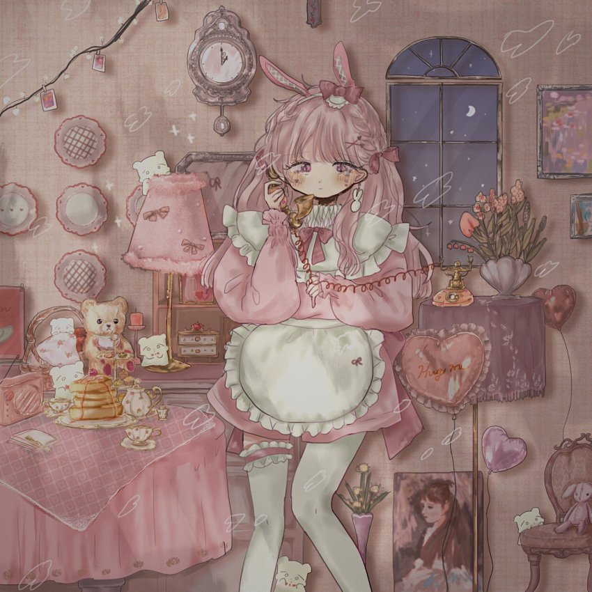 2girls apron balloon cabinet christmas_lights clock cup doily dresser flower food_print frilled_sleeves frills fruit_print heart heart_balloon highres lamp lights long_sleeves maid maid_apron moon multiple_girls original painting_(object) pendulum phone pink_sleeves pink_sweater radio sad saucer shinanashina solo strawberry_print stuffed_animal stuffed_toy sweater table teacup teapot teddy_bear thighhighs vase window wire
