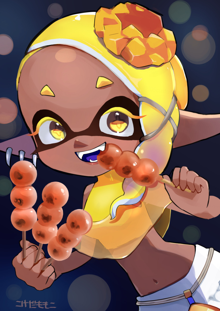 +_+ 105custom 1girl blonde_hair cowboy_shot dango dark-skinned_female dark_skin domino_mask earrings food food_on_head frye_(splatoon) highres jewelry long_pointy_ears looking_at_viewer mask midriff mitarashi_dango multiple_earrings navel nintendo object_on_head open_mouth pants pointy_ears shawl smile solo splatoon_(series) splatoon_3 tentacle_hair tooth_earrings wagashi white_pants yellow_eyes yellow_shawl