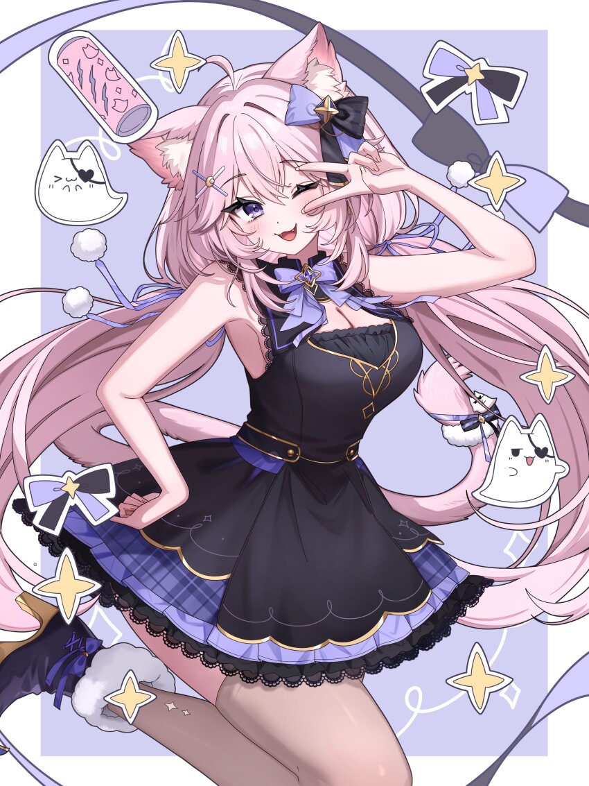 1girl ;d absurdres ahoge animal_ear_fluff animal_ears bare_arms bare_shoulders blush boots bow breasts cat_ears cat_tail cleavage commission copyright_request double-parted_bangs dress fur-trimmed_boots fur_trim hair_between_eyes hair_ornament hairclip hand_on_own_hip high_heel_boots high_heels highres ichiko_1234 indie_virtual_youtuber long_hair looking_at_viewer nyatasha_nyanners one_eye_closed open_mouth pink_hair purple_bow purple_eyes sleeveless sleeveless_dress smile solo tail thighhighs v vgen_commission x_hair_ornament