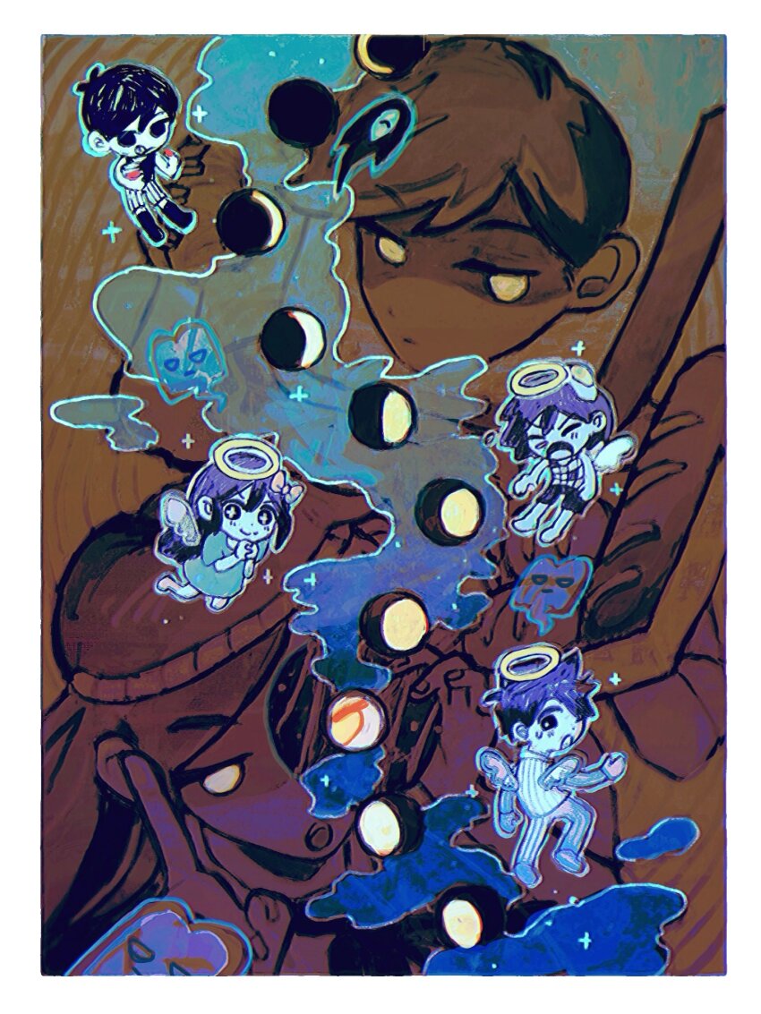 2girls 4boys aubrey_(headspace)_(omori) aubrey_(omori) biscuit_(omori) black_eyes black_hair border bread colored_skin doughie_(omori) food hero_(headspace)_(omori) hero_(omori) highres kel_(headspace)_(omori) kel_(omori) long_hair looking_at_viewer milkymilkyshark moon_phases multiple_boys multiple_girls omori omori_(omori) purple_eyes purple_hair short_hair something_(omori) toast_ghost_(omori) white_border white_skin