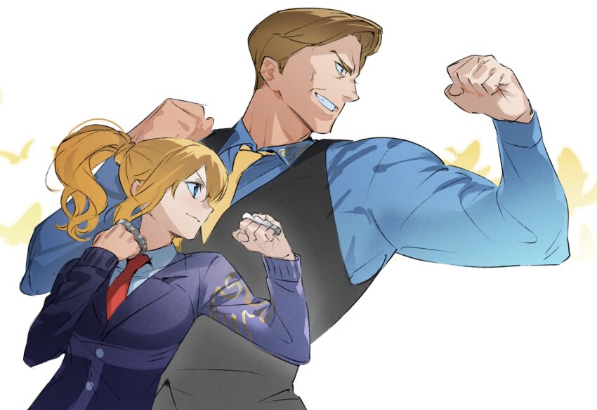 1boy 1girl arm_up arms_up black_pants black_vest blonde_hair blue_eyes blue_jacket blue_shirt brass_knuckles bug butterfly buttons clenched_hand closed_mouth collared_shirt commentary dress_shirt father_and_daughter golden_butterfly grin hair_between_eyes highres insect jacket light_smile long_sleeves looking_ahead mature_male necktie pants ponytail profile red_necktie shirt smile symbol-only_commentary teeth umineko_no_naku_koro_ni upper_body ushiromiya_jessica ushiromiya_krauss vest weapon white_background white_shirt wing_collar yellow_necktie yo2gi_mmm