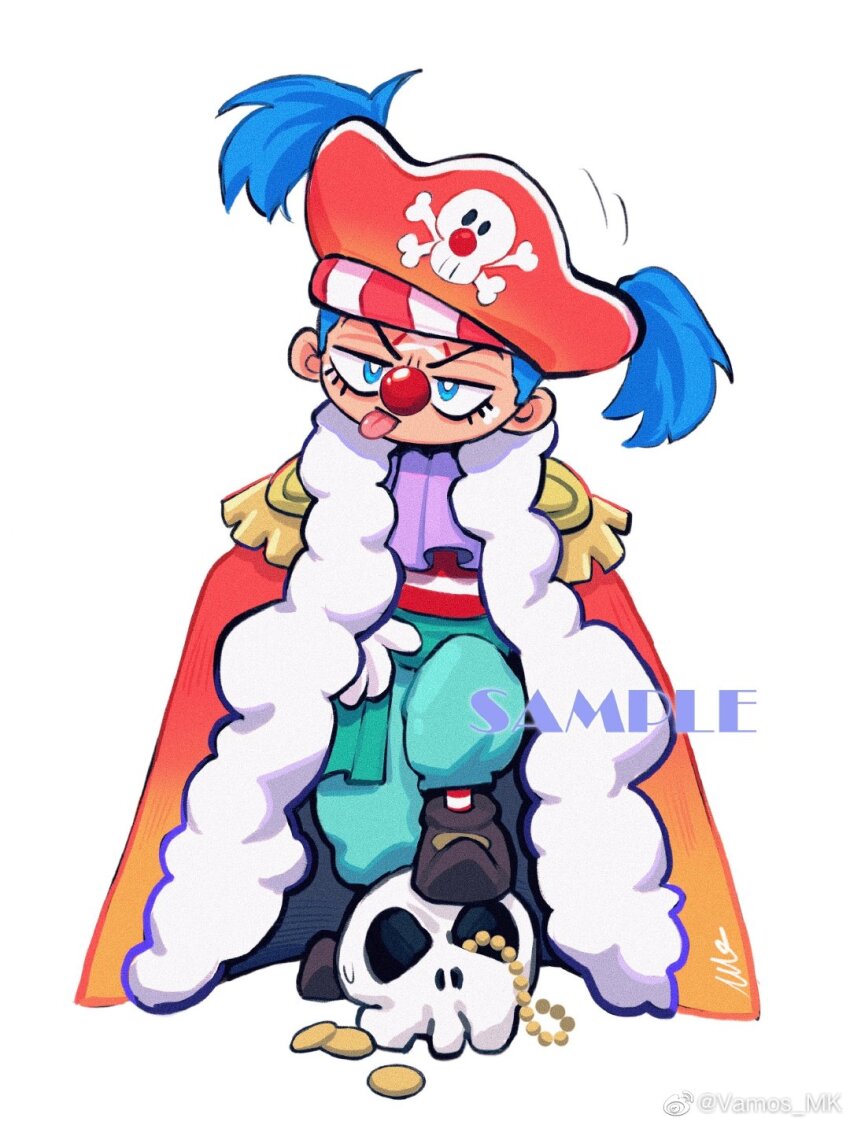 1boy ascot blue_eyes blue_hair bright_pupils buggy_the_clown cape captain_morgan_pose clown_nose epaulettes facepaint fur-trimmed_cape fur_trim hat highres jolly_roger male_focus one_piece orange_hat pirate_hat purple_ascot red_cape simple_background skull solo tongue tongue_out twintails vamos_mk white_background white_pupils