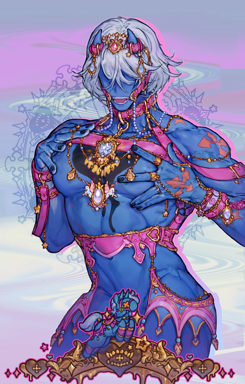 1boy blue_skin colored_skin grabbing_another&#039;s_breast groping groping_self guilty_gear guilty_gear_strive happy_chaos harness highres horn horns jewelry leather leather_straps male_focus mouth_hook muscular muscular_male nude pearls pink_outfit pink_straps tattoo white_hair